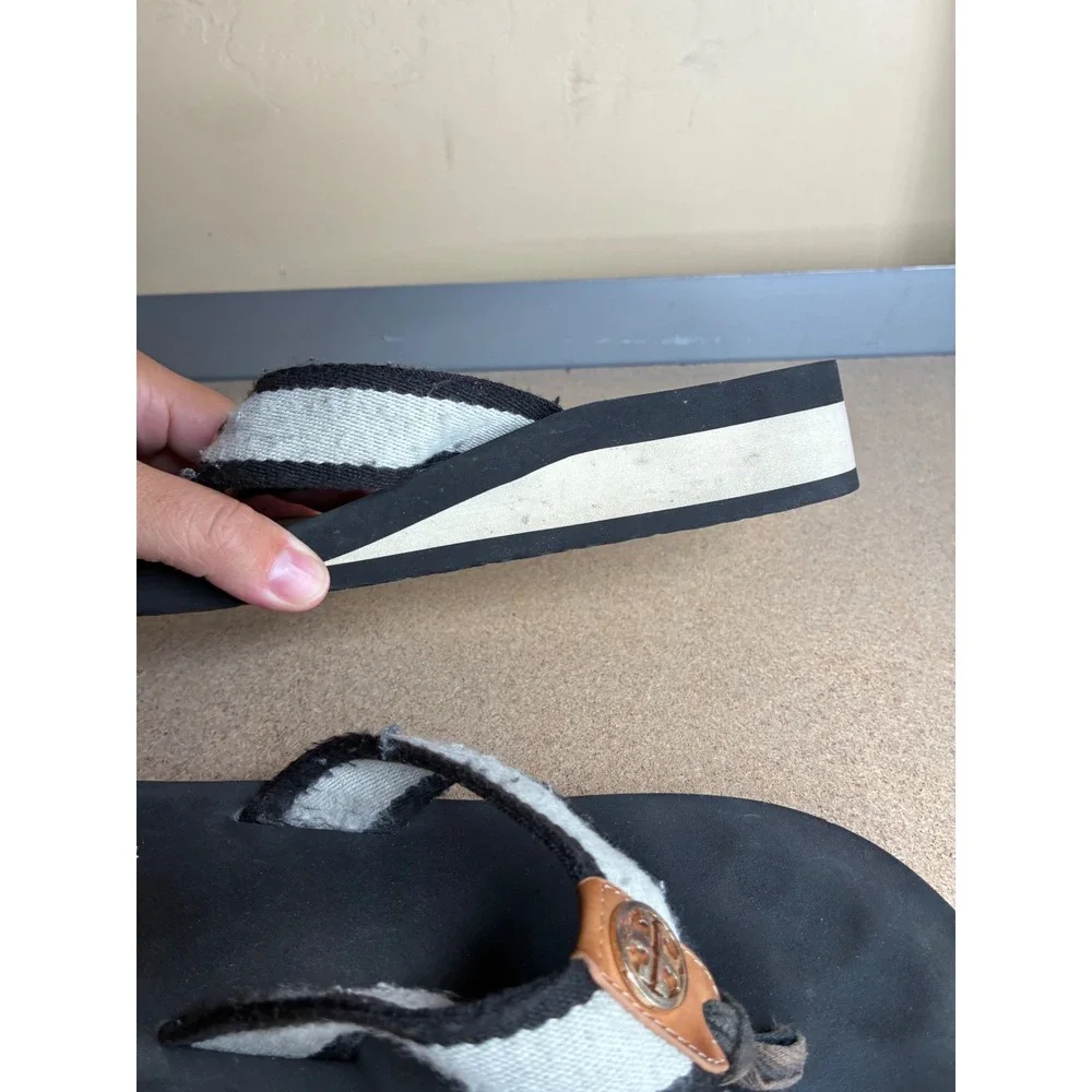 Tory Burch Platform Flip Flop Sandals Black White Striped Wedge Medallion Sz 8